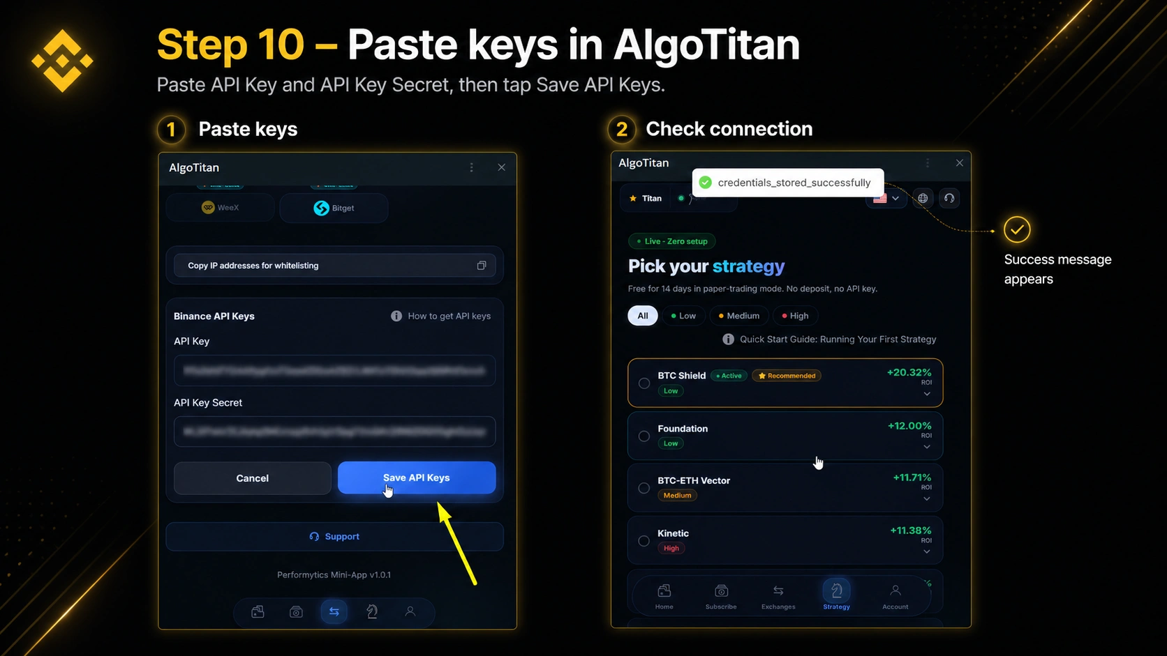 Step 10 - Paste the keys into AlgoTitan and check the connection