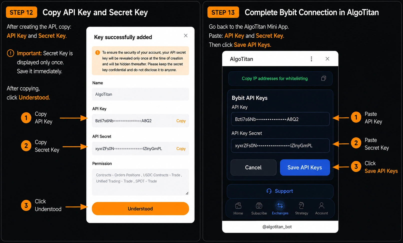 Step 12 - Copy API Key and Secret Key _ Step 13 - Complete the Bybit connection in AlgoTitan